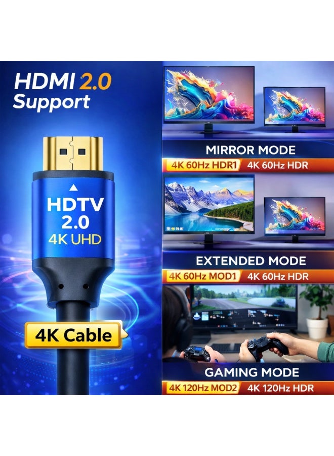CABLE CONV 4K HDMI 2.0 Cable 1.5m- High Speed 18Gbps Bandwidth - Gold Plated Connector - Support 4K@60Hz and 2K@144Hz - Compatible with Laptop, Computer, Monitor, Projectors, TV, PS4, PS5, Xbox, Switch, HDTV - Image 2